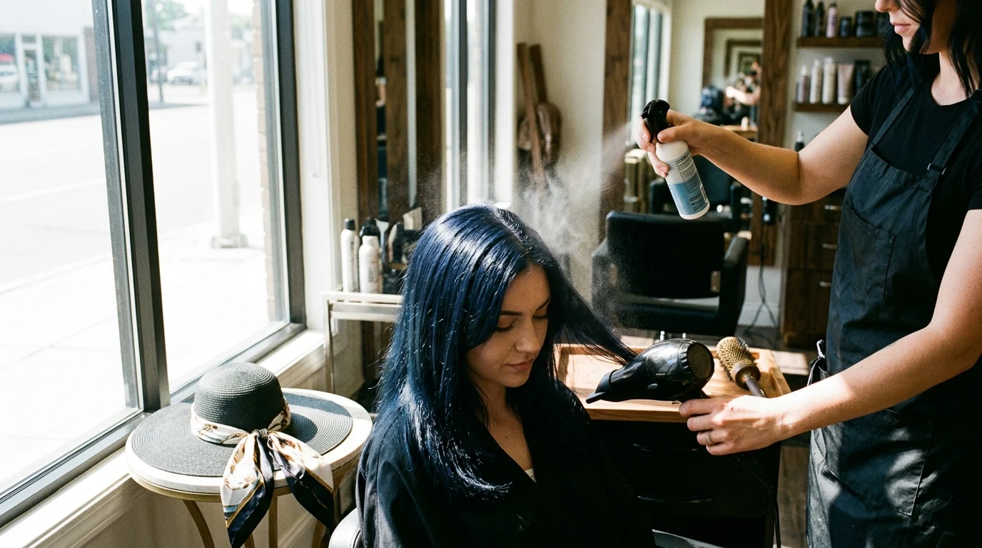 Khách hàng có mái tóc xanh đen ngồi trong salon, bên cạnh thợ đang xịt dưỡng và chuẩn bị sấy tóc gần cửa sổ sáng.