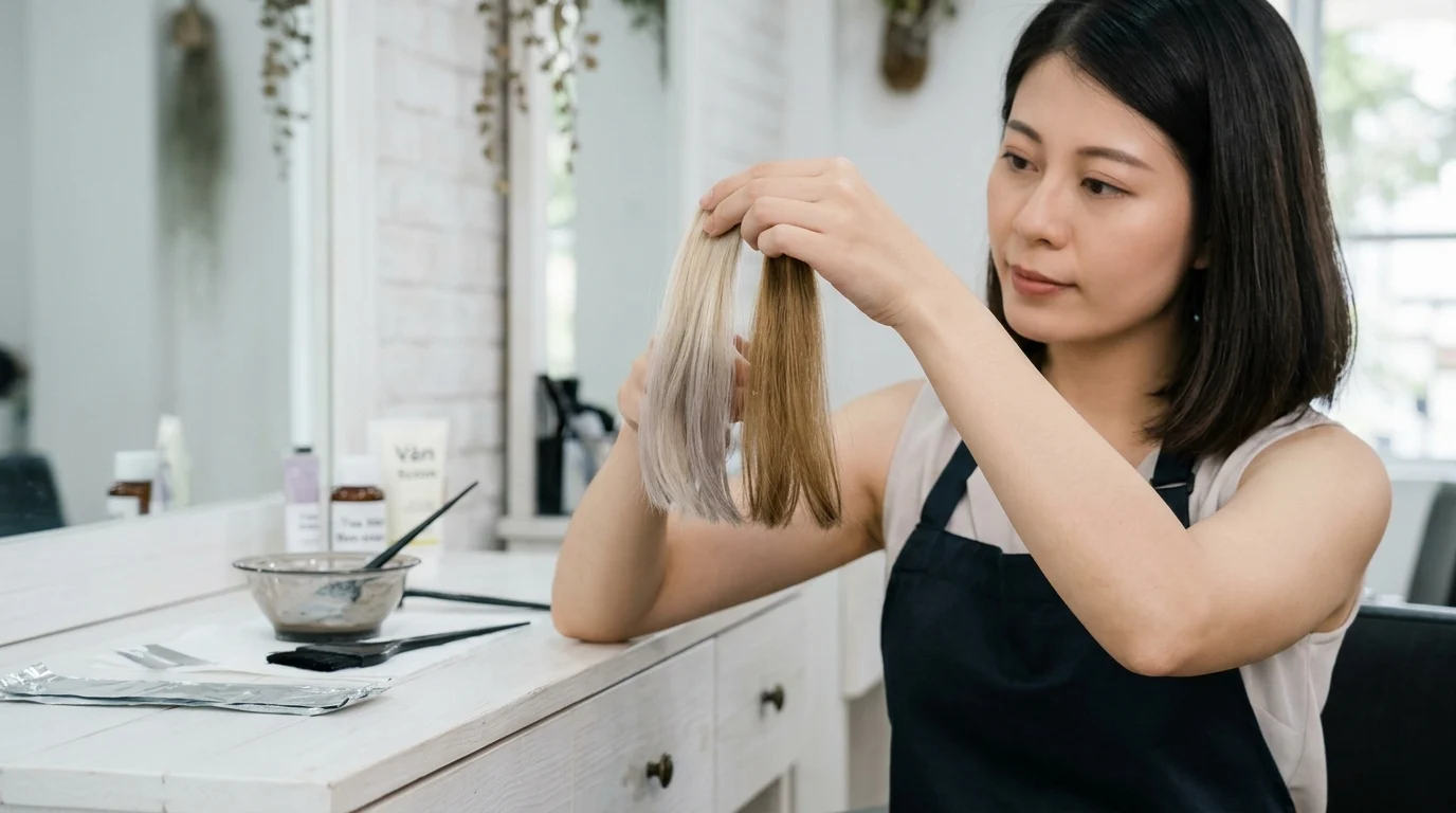 Người phụ nữ trong salon đang cầm hai lọn tóc nhuộm sáng và xám để kiểm tra màu tóc xám khói.