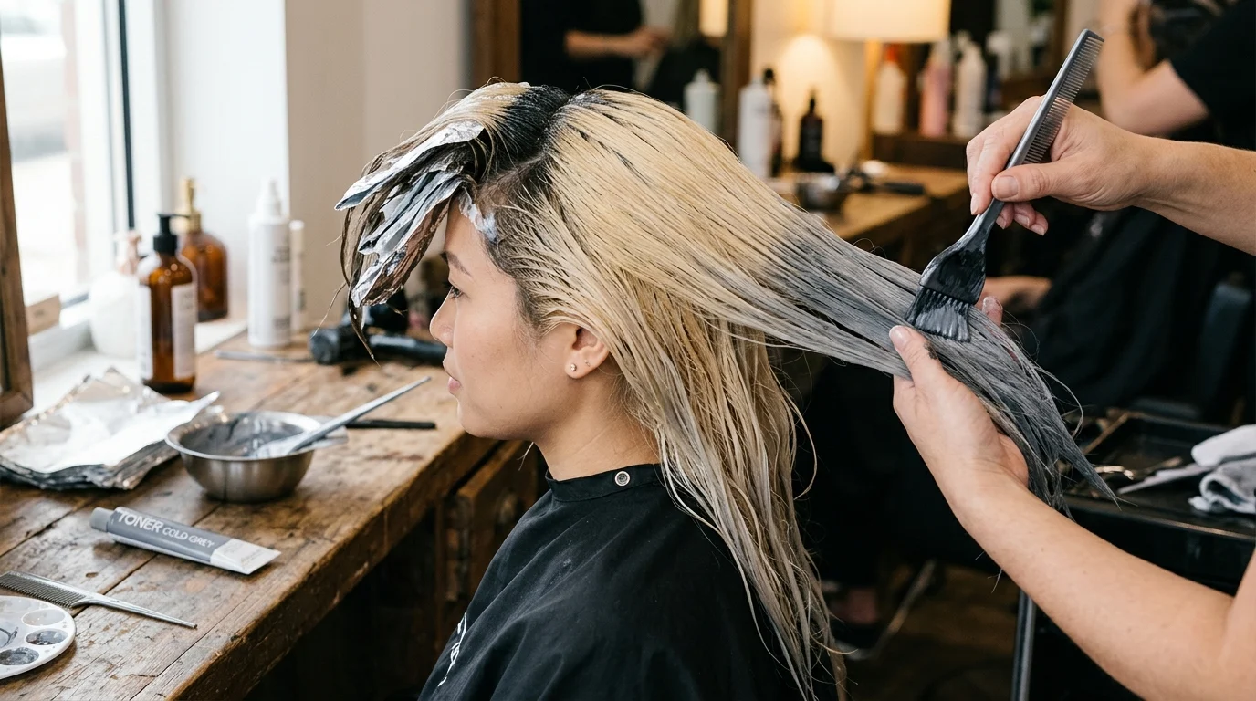Thợ làm tóc đang quét thuốc nhuộm lên tóc sáng màu của khách trong salon, với giấy bạc và bát thuốc trên bàn.
