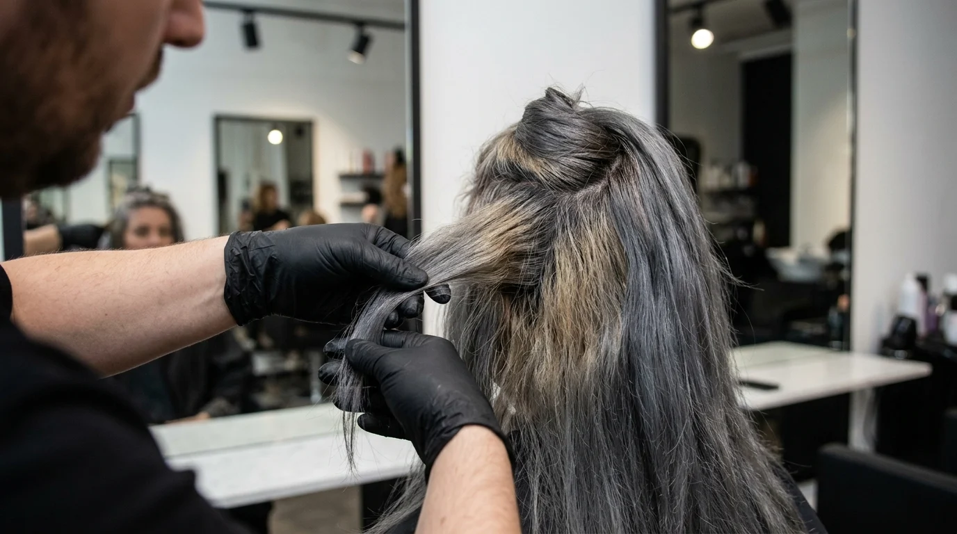 Thợ làm tóc đeo găng tay đang kiểm tra phần tóc xám khói có vài lọn ngả vàng trong salon