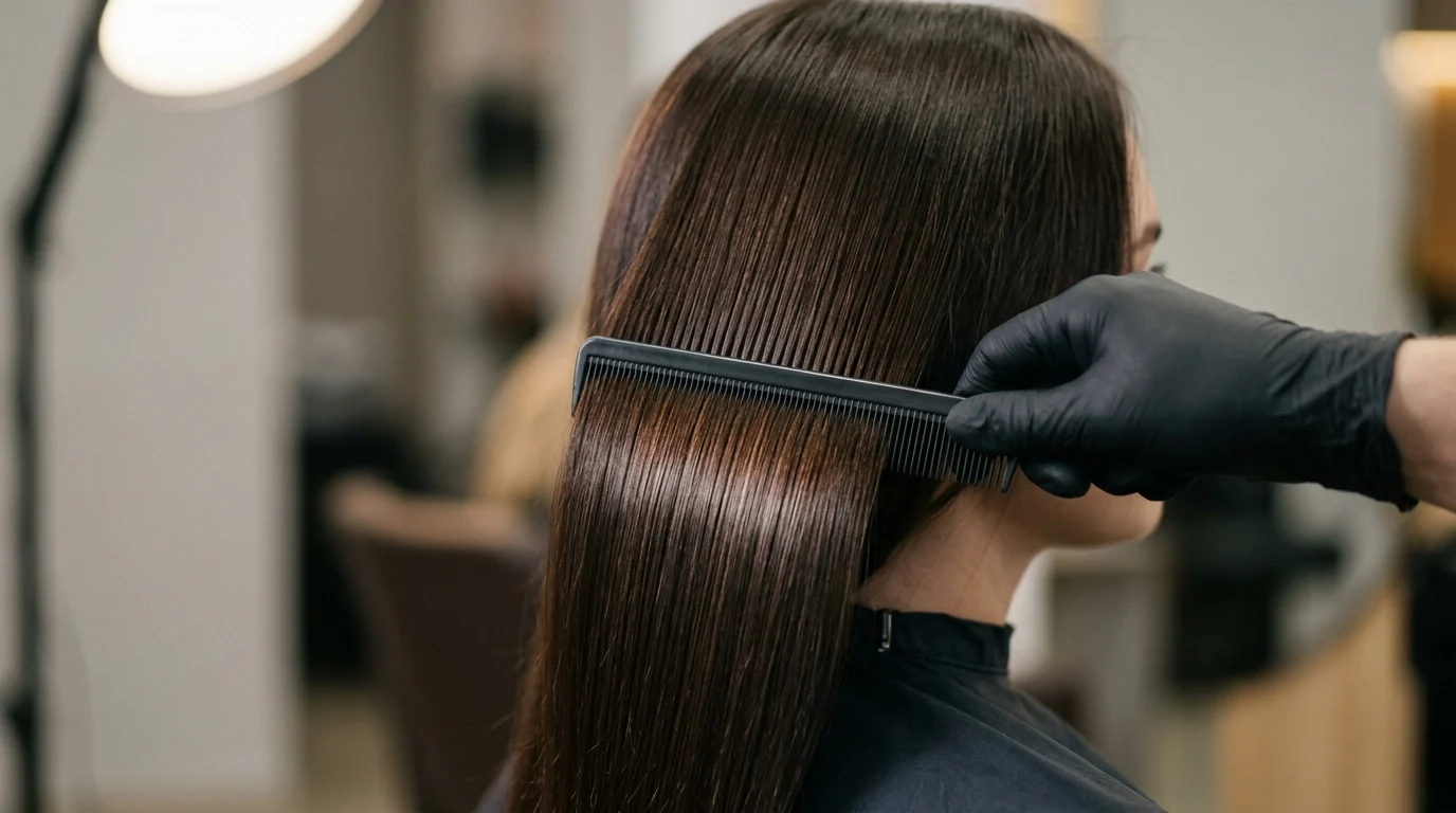 Thợ làm tóc đang dùng lược chải mái tóc nâu dài bóng mượt của khách trong salon.