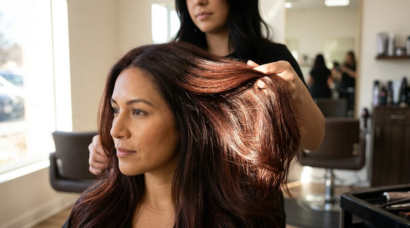 Người phụ nữ ngồi trong salon tóc với mái tóc nâu đỏ bóng, thợ làm tóc đang nâng và kiểm tra lọn tóc dưới ánh sáng.