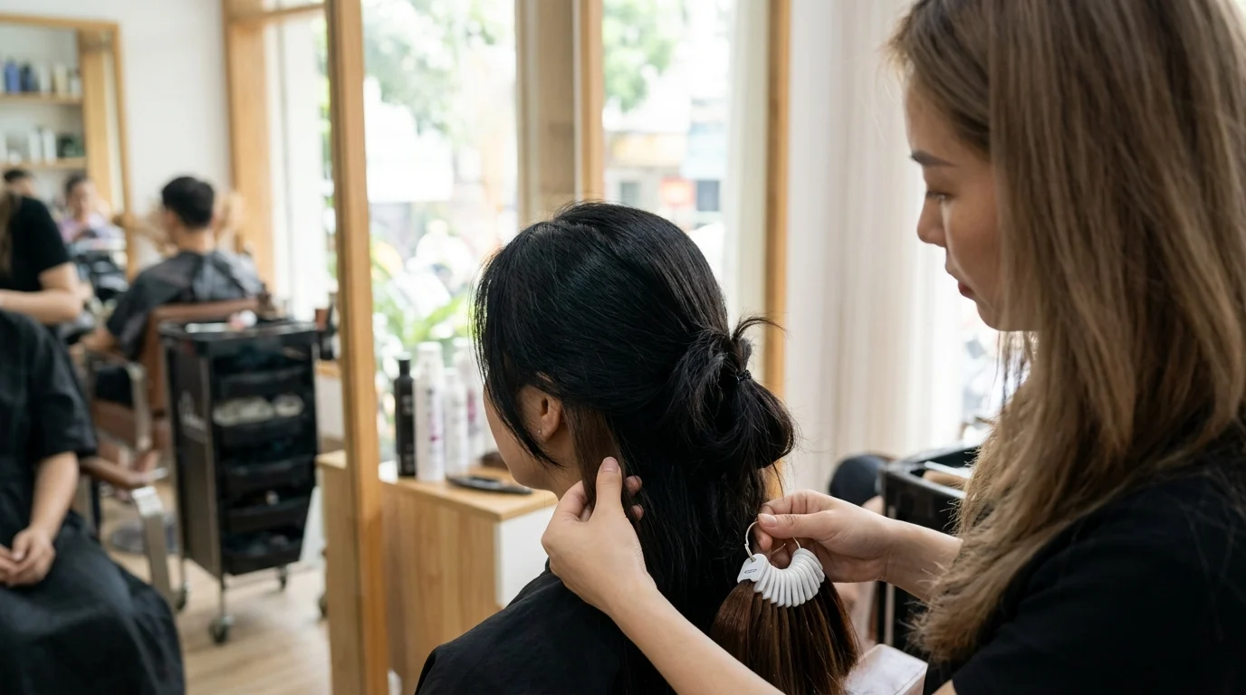 Người thợ làm tóc đang cầm lọn tóc nâu để tư vấn thay đổi kiểu tóc cho khách có tóc đen trong salon