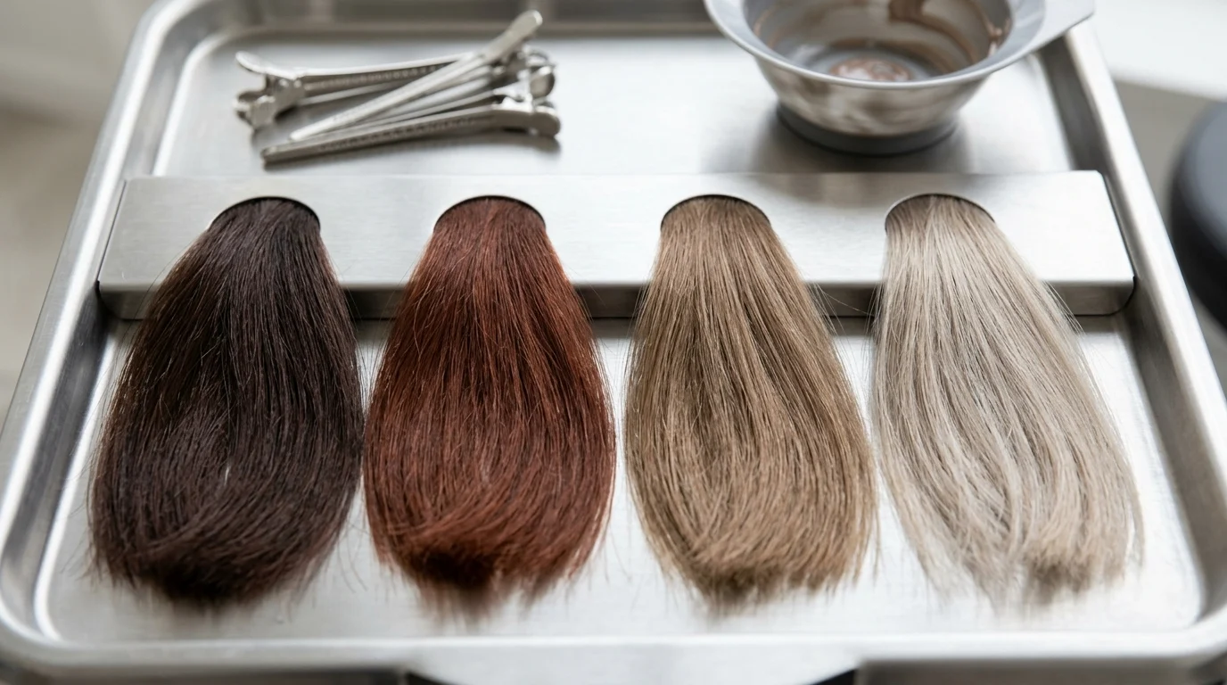Bốn mẫu tóc giả với các tông màu từ nâu đậm đến bạch kim đặt trên khay kim loại, gợi màu tóc hot 2026