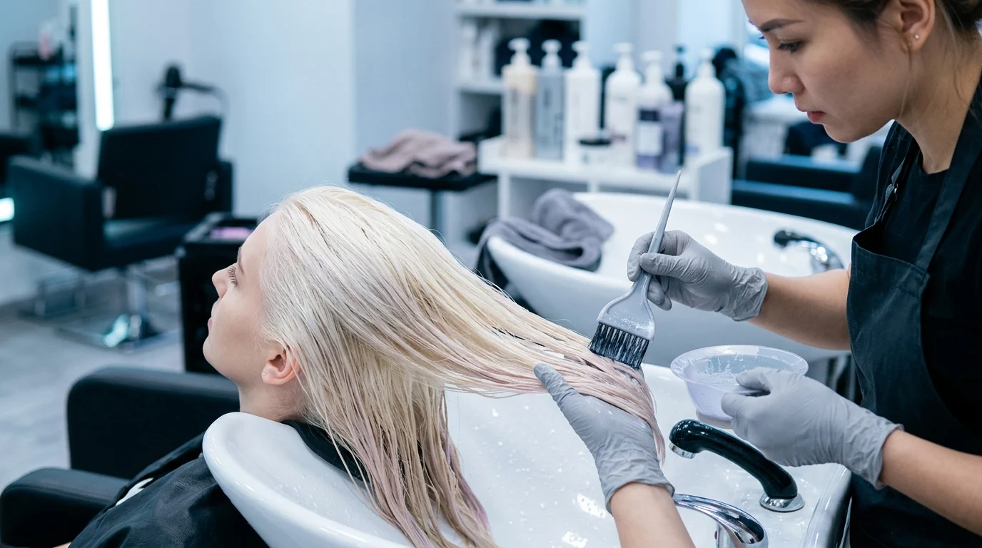 Một thợ làm tóc đang nhuộm màu tóc hot 2026 tông blonde sáng cho khách trong salon, bằng cọ và bát thuốc.