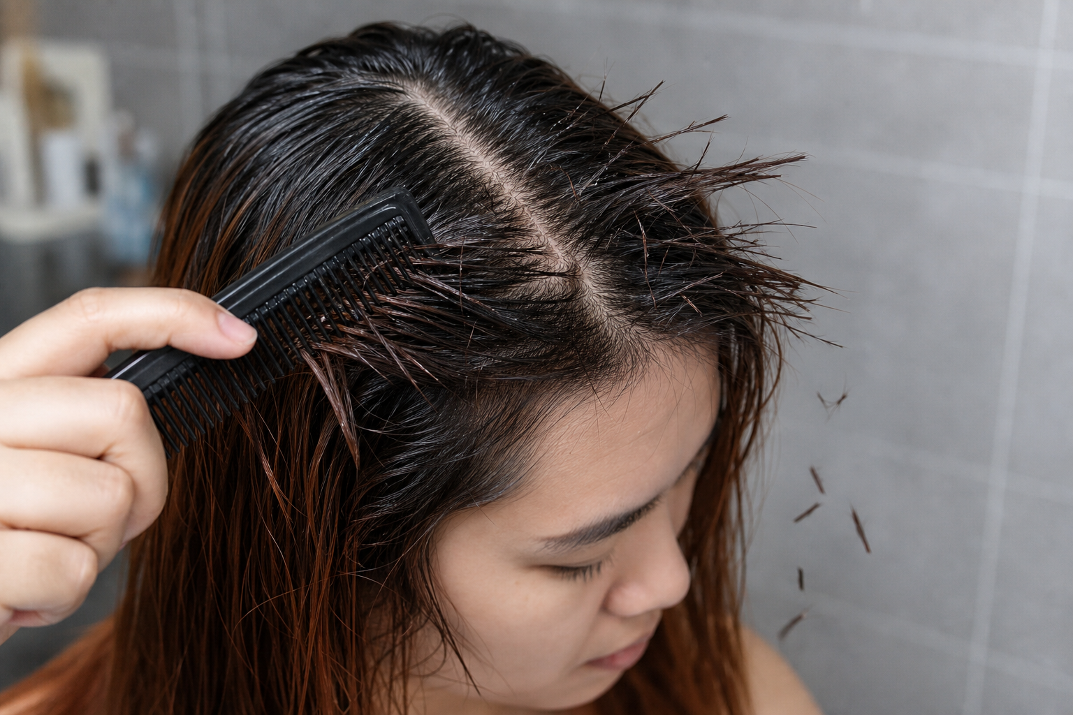 Người phụ nữ đang chải tóc ướt bằng lược đen, nhiều sợi tóc rơi ra và tóc dọc đường ngôi trông xơ rối