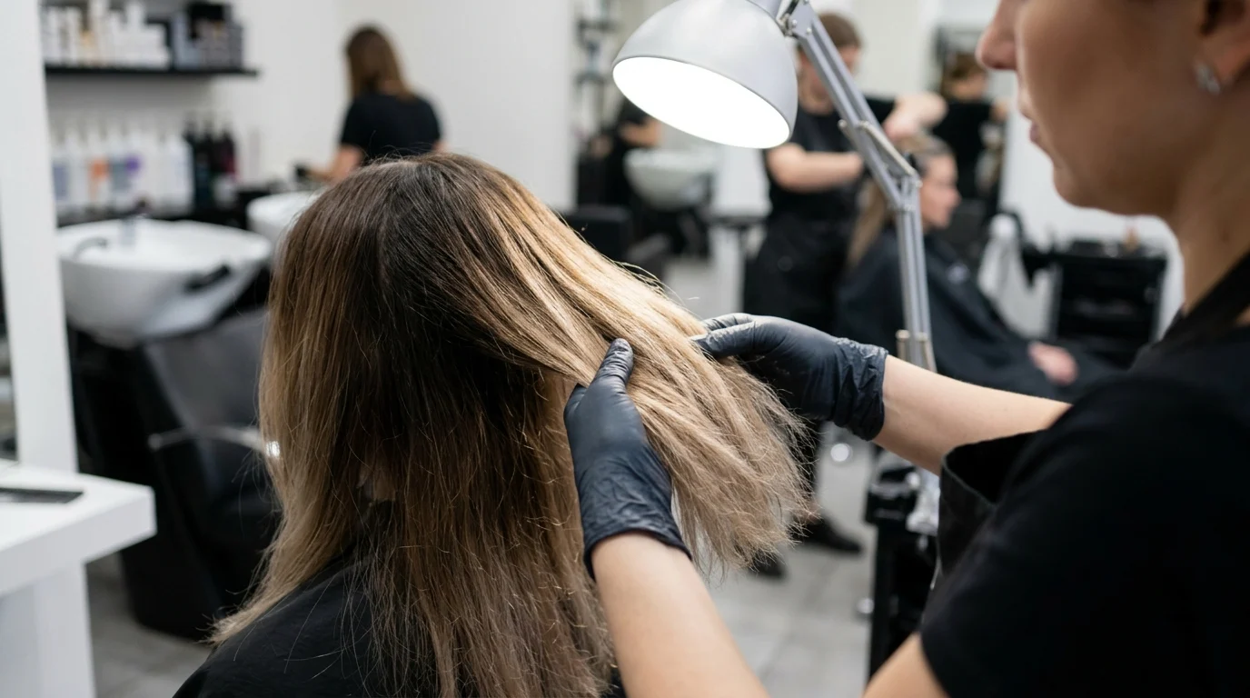 Thợ làm tóc đang nâng và xem tóc nâu sáng của khách trong salon, dưới ánh đèn bàn làm việc