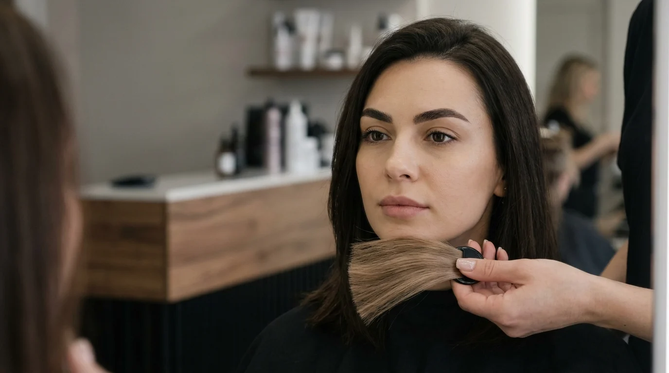 Người phụ nữ ngồi trong salon khi thợ nâng một lọn tóc nâu trà sữa sáng màu để so độ tương phản với da mặt.