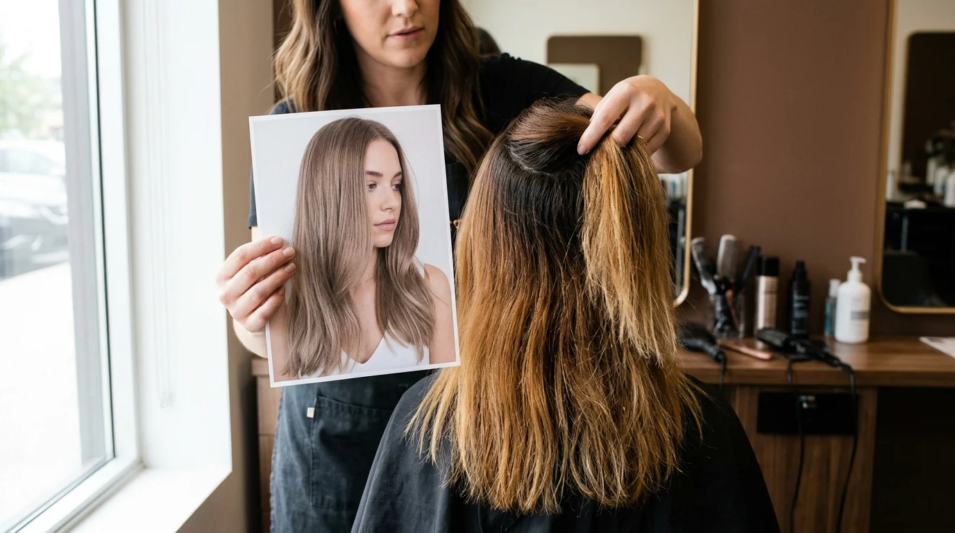 Người thợ tóc cầm ảnh mẫu bên cạnh mái tóc nâu trà sữa có phần sáng vàng hơn trong salon