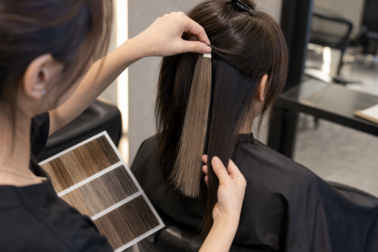Thợ làm tóc đang so sánh một lọn tóc với bảng màu tóc màu nâu khói trong salon