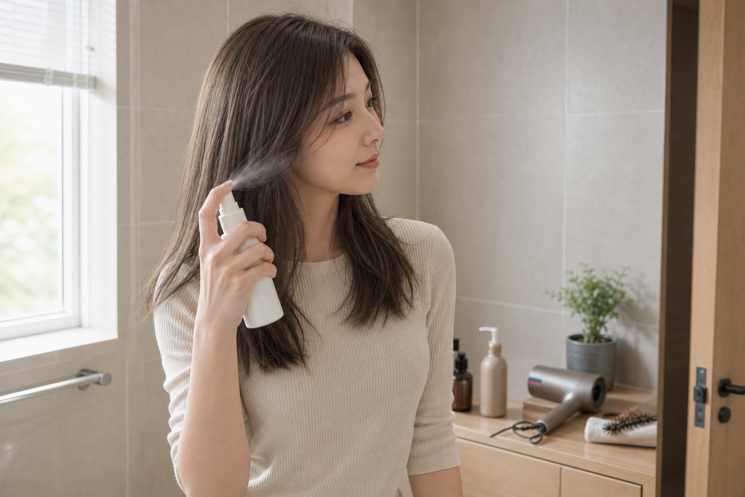 Người phụ nữ đứng trong phòng tắm và xịt sản phẩm lên tóc màu nâu khói bằng chai xịt cầm tay.