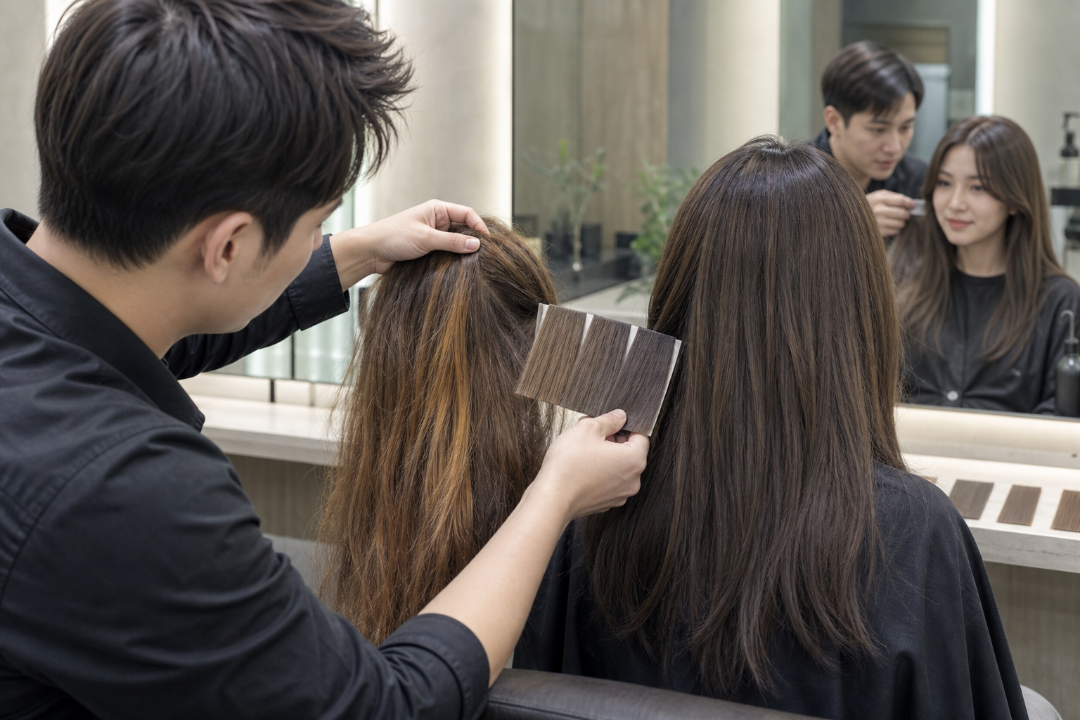 Thợ làm tóc đang so sánh mẫu màu tóc với mái tóc của khách trong salon.