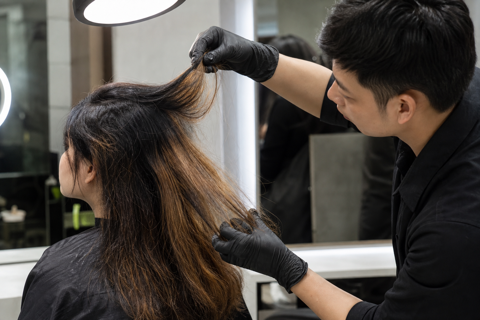 Thợ làm tóc đang nâng một lọn tóc nhuộm nâu khói để kiểm tra màu và tình trạng tóc trong salon.