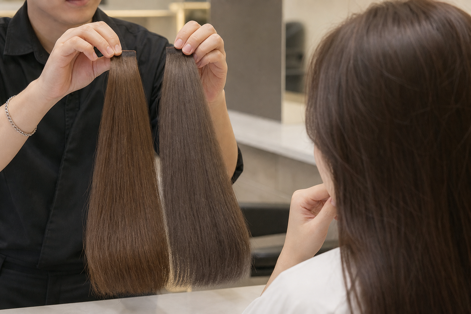 Người thợ tóc cầm hai lọn tóc màu nâu khác sắc độ để so sánh trước gương trong salon.
