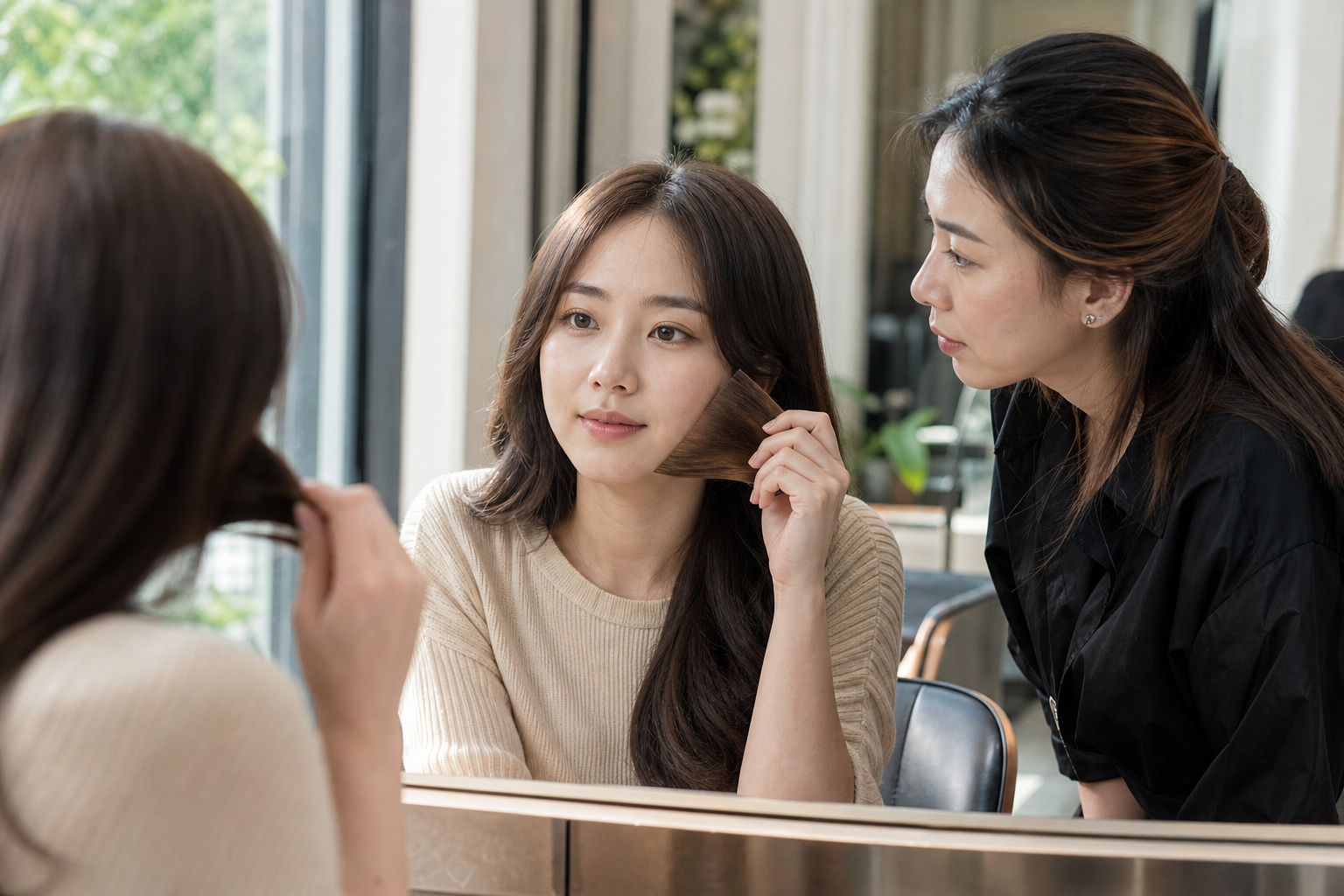 Một phụ nữ đang soi tóc trước gương trong salon, bên cạnh một nhân viên tư vấn về màu tóc nâu tây