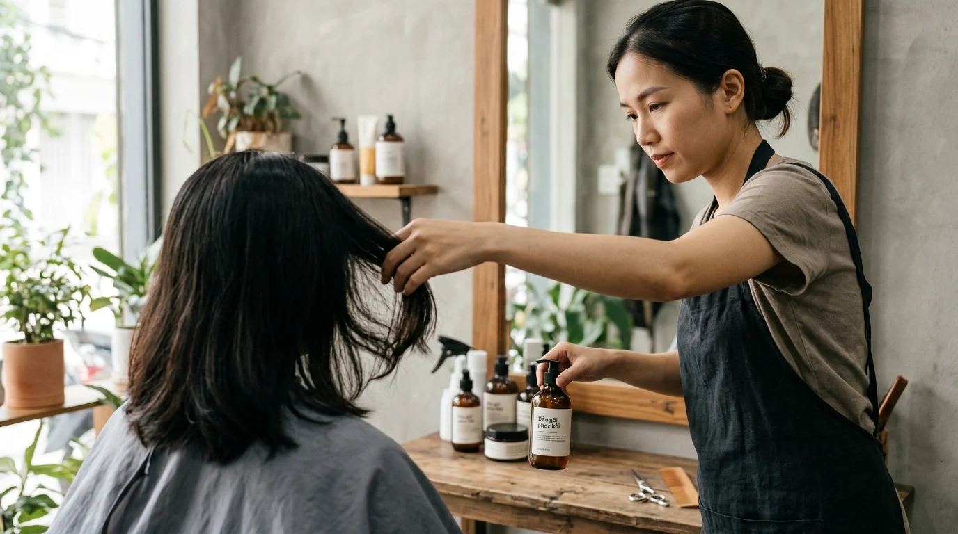 Thợ làm tóc kiểm tra mái tóc của khách trong tiệm và cầm chai sản phẩm tóc trên tay.