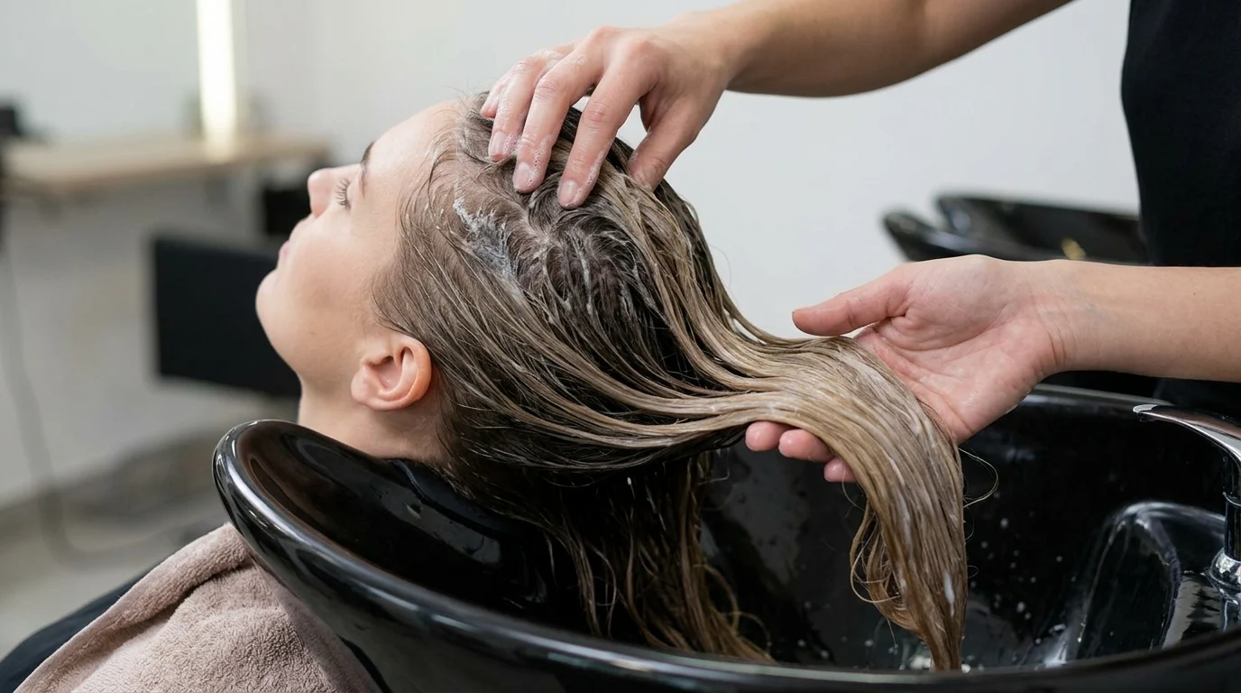 Khách ngồi ngửa đầu trong bồn gội, nhân viên đang xoa và giữ phần tóc ướt có bọt ở da đầu