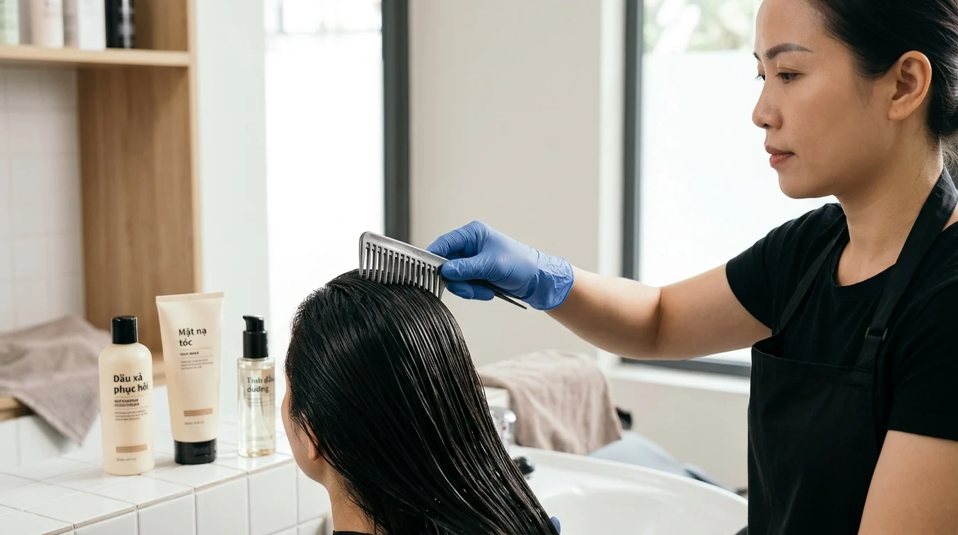Người phụ nữ đang chải tóc ướt bằng lược ở khu vực gội đầu, cạnh các sản phẩm tóc đặt trên bồn rửa