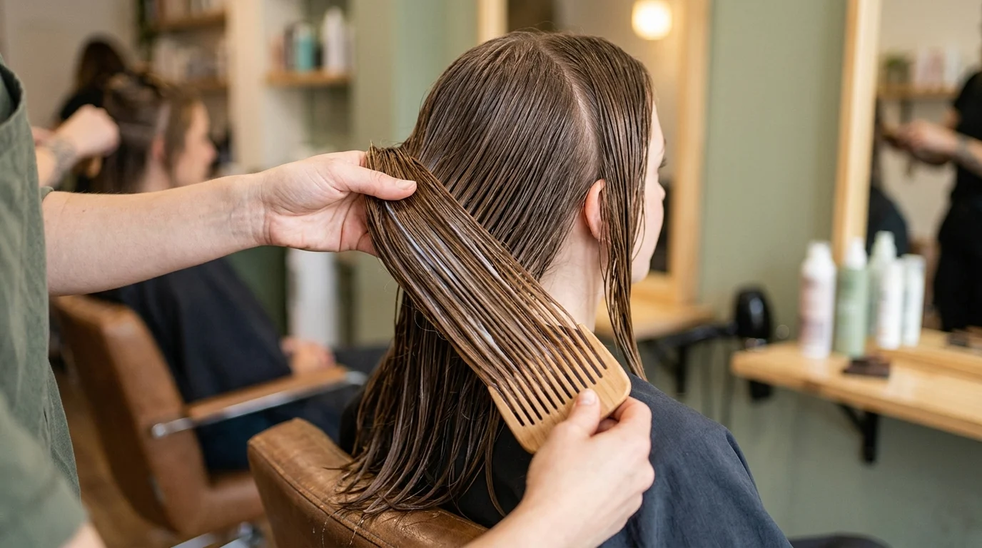 Thợ làm tóc đang dùng lược răng thưa chải phần thân tóc ướt của khách trong salon.