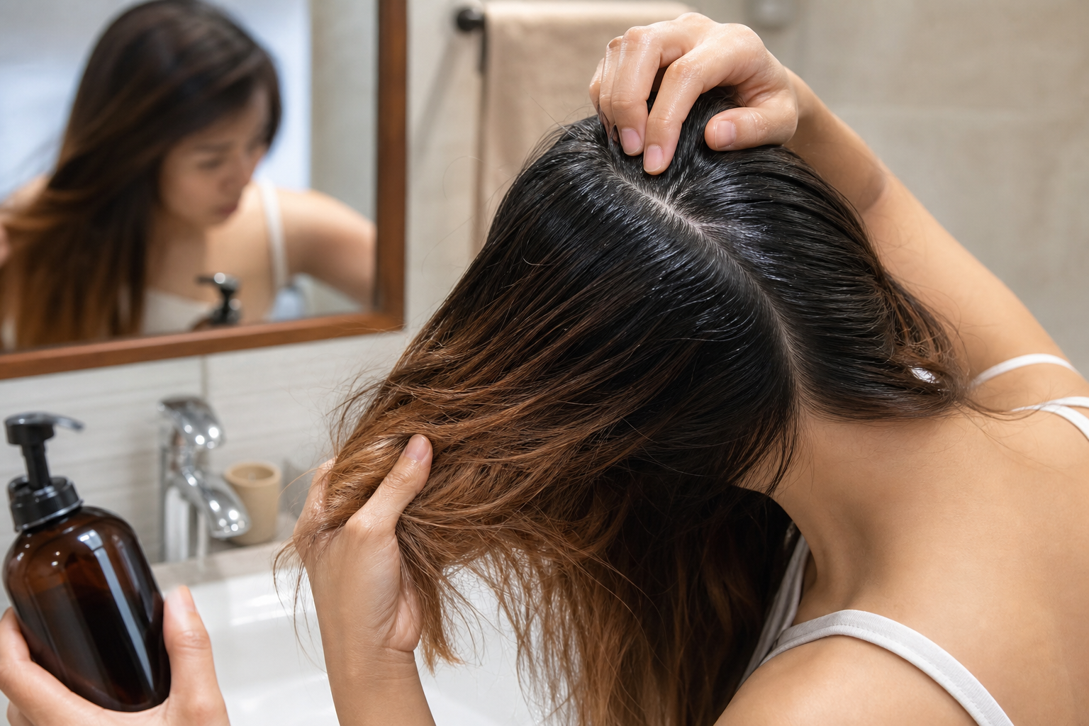 Người phụ nữ kiểm tra da đầu và phần đuôi tóc trước gương, bên cạnh một chai dầu gội trong phòng tắm.