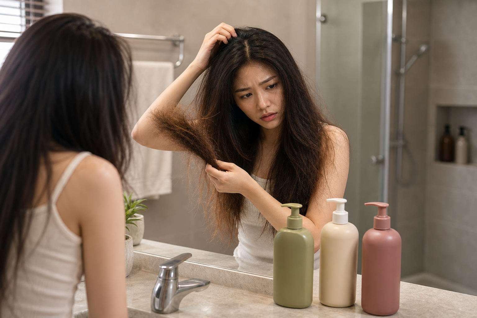Người phụ nữ soi gương và kiểm tra mái tóc khô xơ trong phòng tắm, bên cạnh ba chai dầu gội đặt trên bồn rửa.