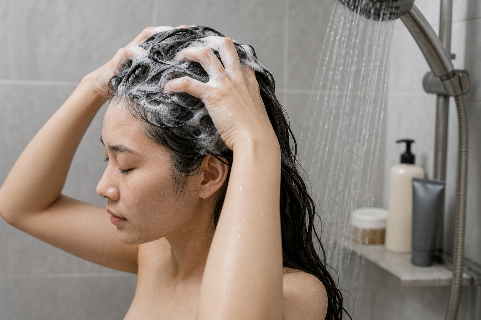 Người phụ nữ đang gội dầu gội và xoa bọt lên da đầu trong phòng tắm dưới vòi sen