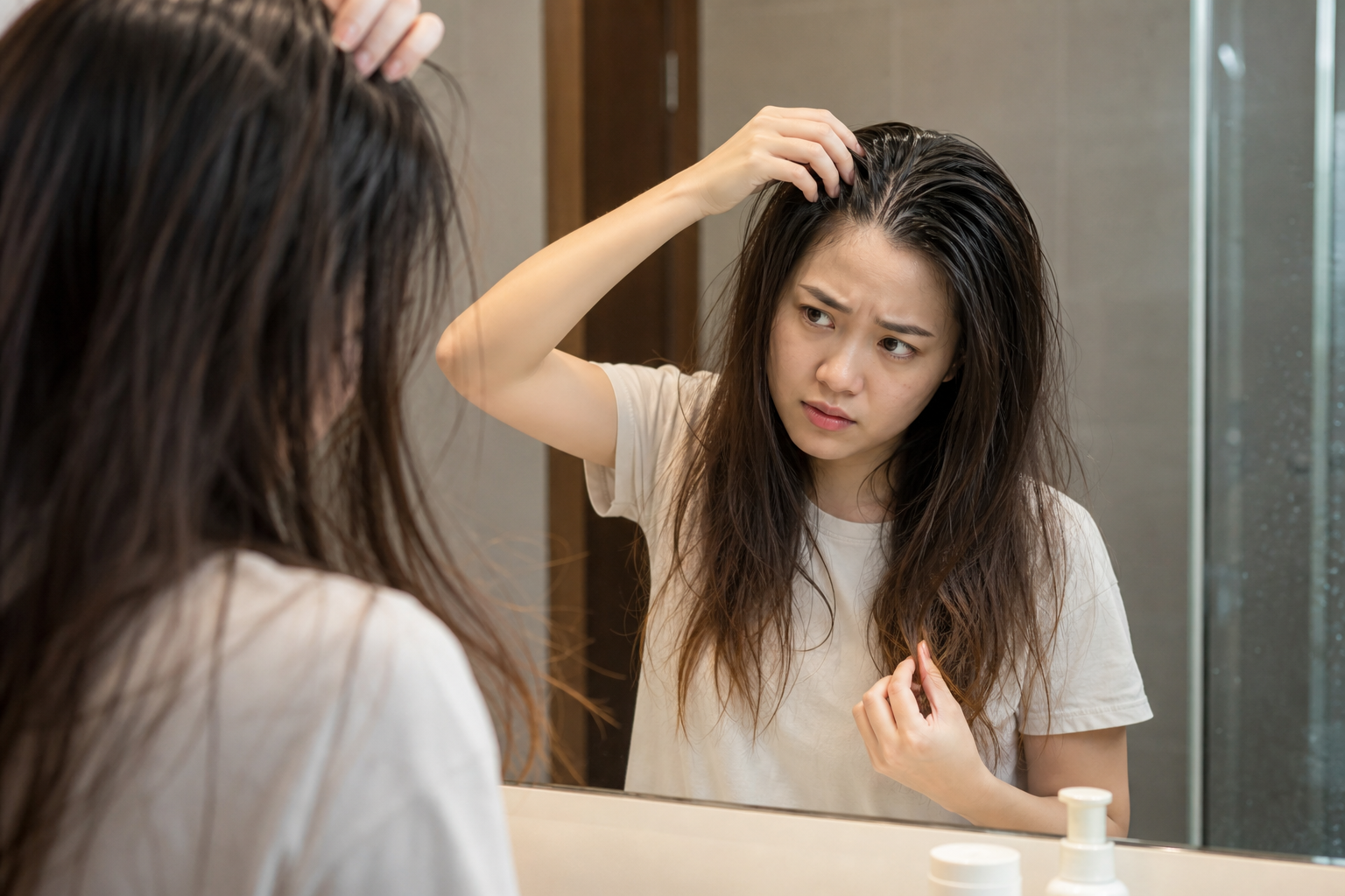 Người phụ nữ soi gương, dùng tay kiểm tra tóc bết và xơ rối trước mặt mình