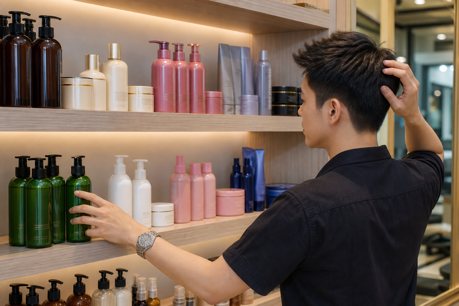 Người đàn ông đang xem và chạm vào các chai sản phẩm tóc xếp trên kệ trong cửa hàng