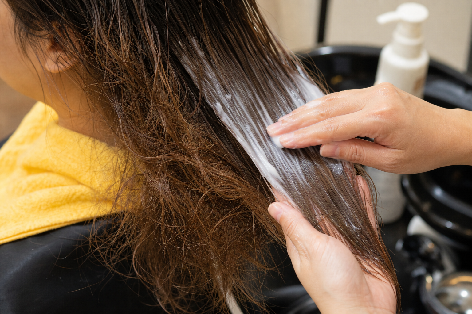 Tóc ướt được thoa sản phẩm tóc khi đang được chăm sóc tại bồn rửa trong salon