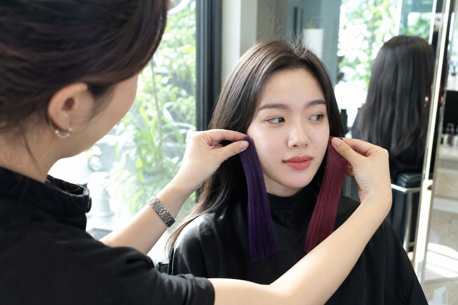 Người thợ làm tóc đang đặt hai lọn tóc tím và hồng tím cạnh gương mặt một cô gái trong salon để so màu.
