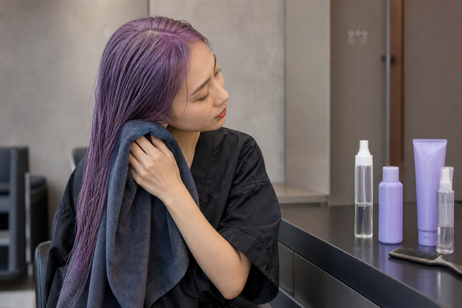 Người phụ nữ tóc tím đang lau khô tóc bằng khăn, bên cạnh là các chai sản phẩm chăm sóc tóc trên bàn salon