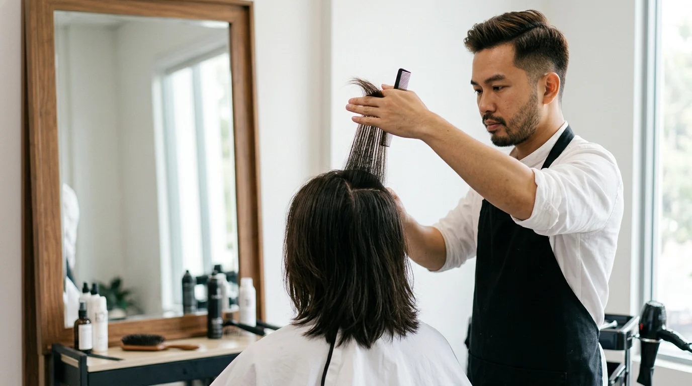 Thợ cắt tóc đang nhấc một lọn tóc của khách bằng lược trong tiệm tóc sáng sủa