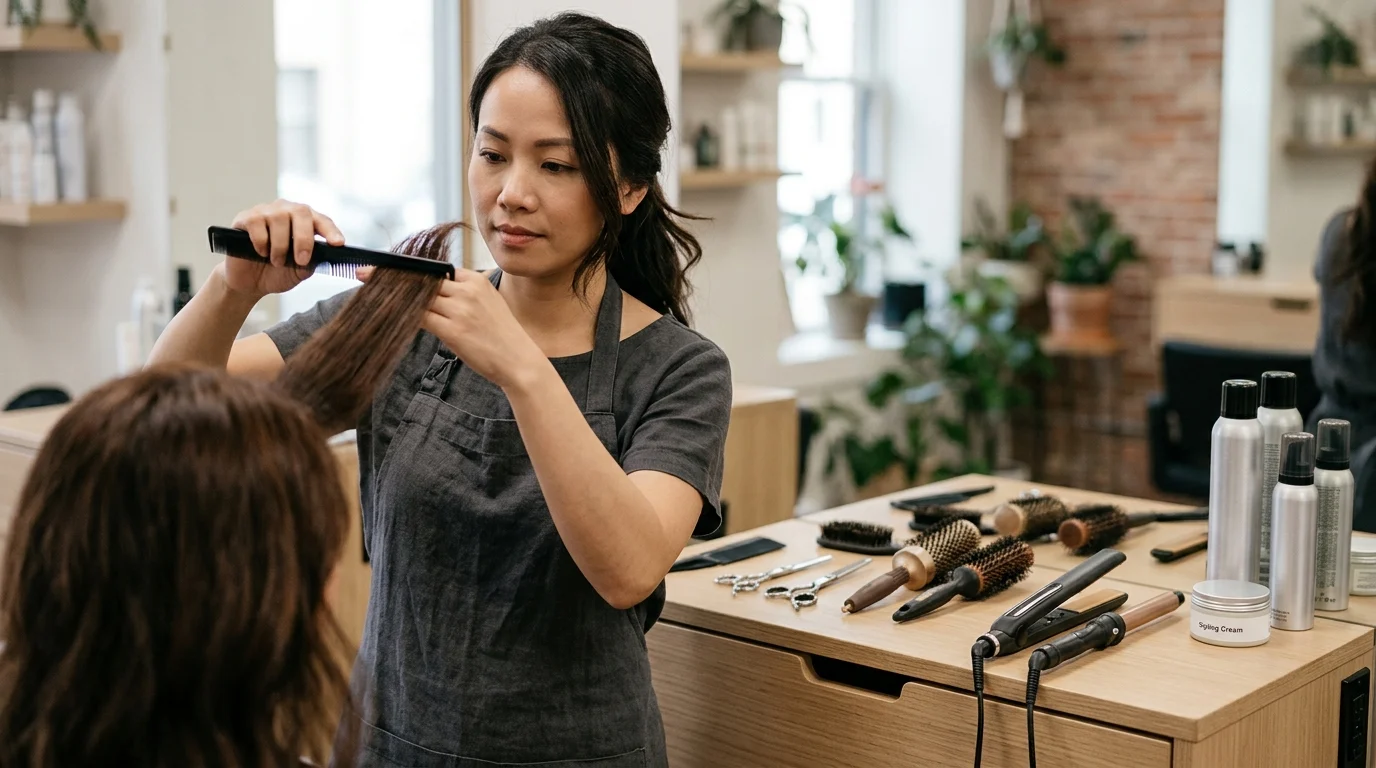 Người thợ đang chải và chia tóc cho khách trong salon, bên cạnh bàn có lược, kéo, máy uốn và các chai sản phẩm tạo kiểu tóc.