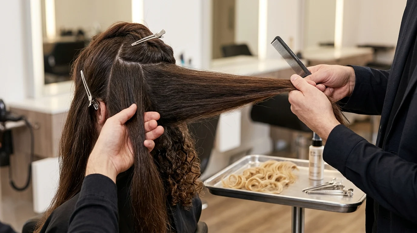 Thợ làm tóc đang kéo một lọn tóc dài bằng lược trong salon, tóc được kẹp chia phần và có lọn xoăn ở phía sau.