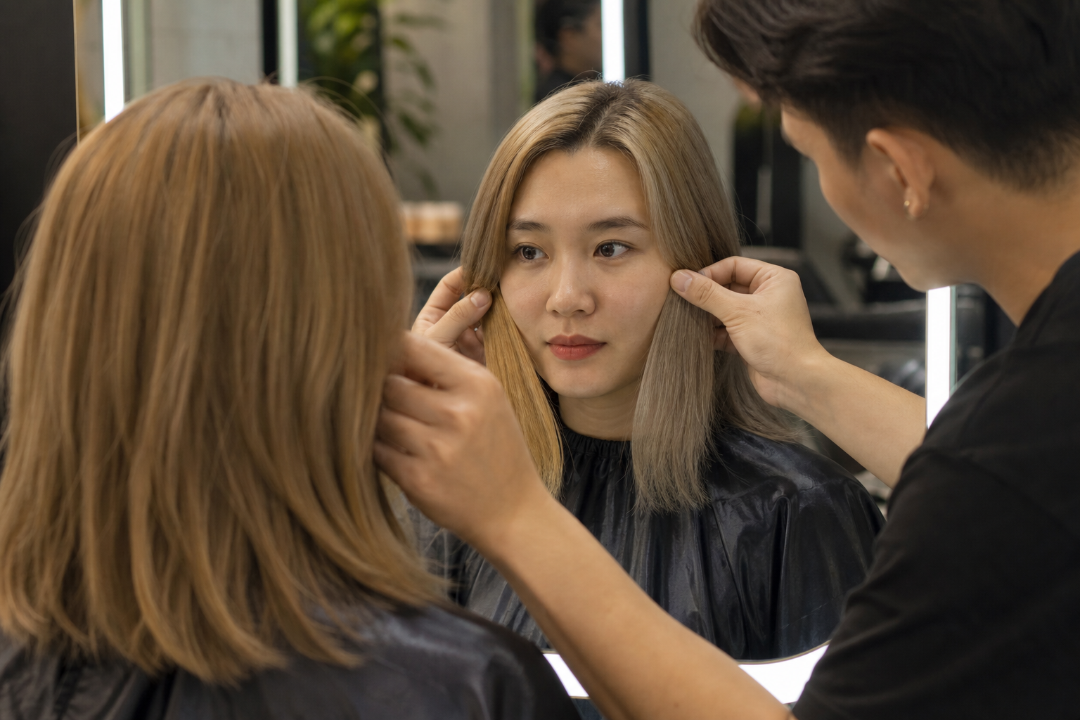 Khách hàng ngồi trước gương để thợ tóc chỉnh phần tóc nhuộm sáng sau tẩy trong salon