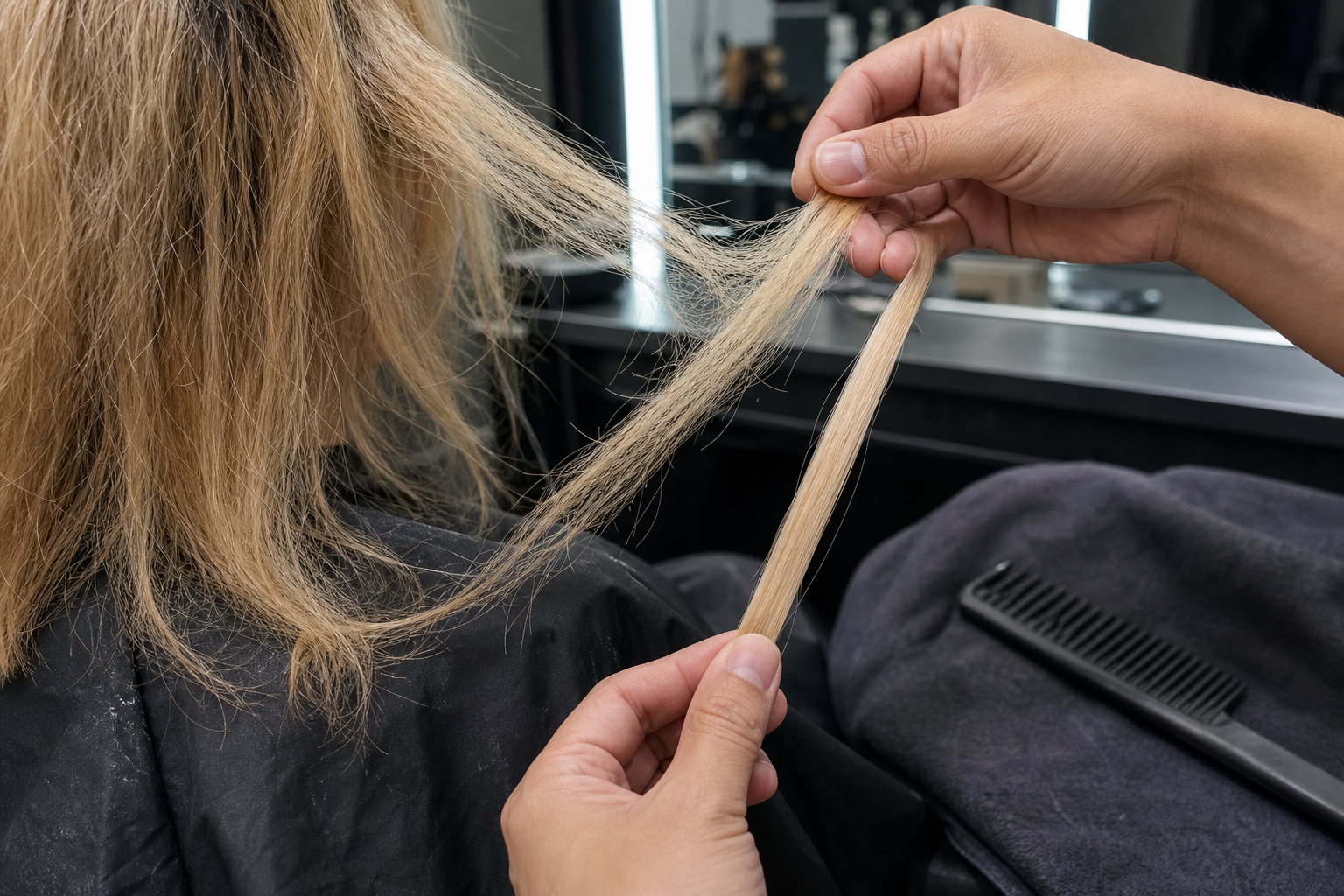 Người thợ đang kéo một lọn tóc vàng khô và xơ trong salon, cạnh lược chải trên khăn choàng đen