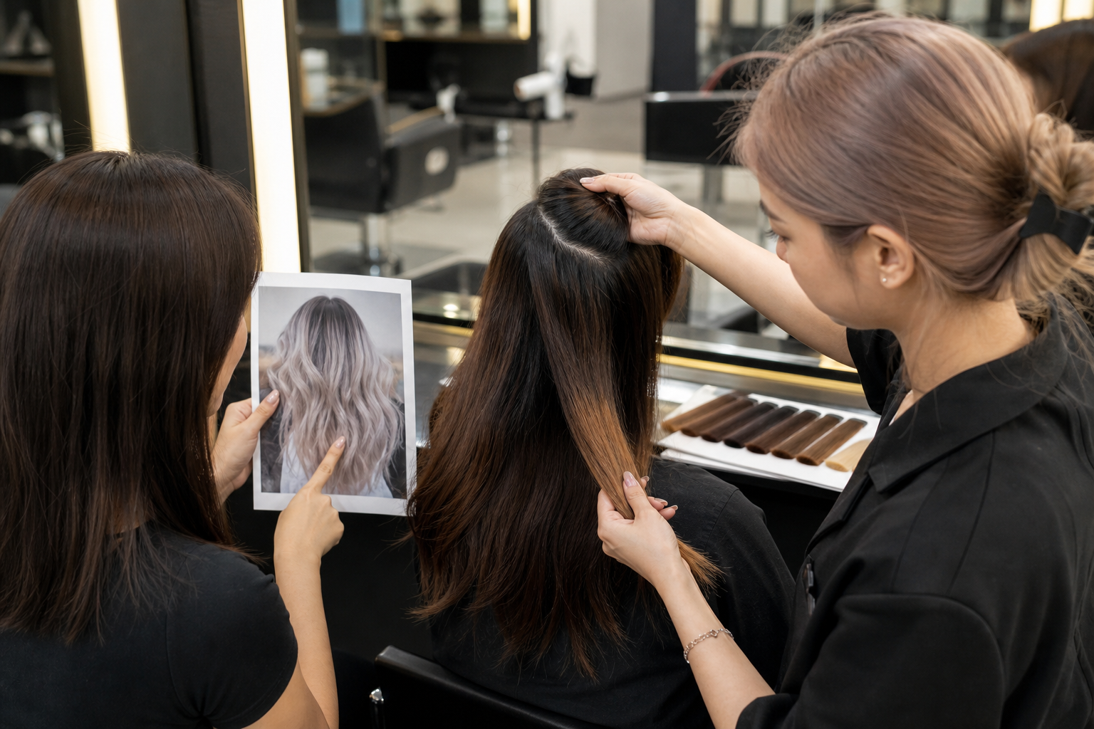 Hai thợ tóc đang xem và chỉ vào mẫu tóc sáng màu cho khách ngồi giữa ghế salon.