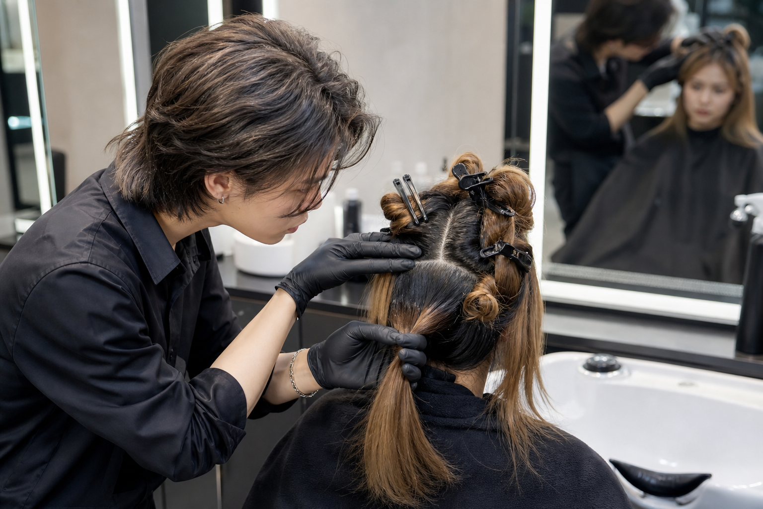 Thợ salon đeo găng đang chia tóc thành từng phần và kiểm tra chân tóc của khách trước khi tẩy tóc