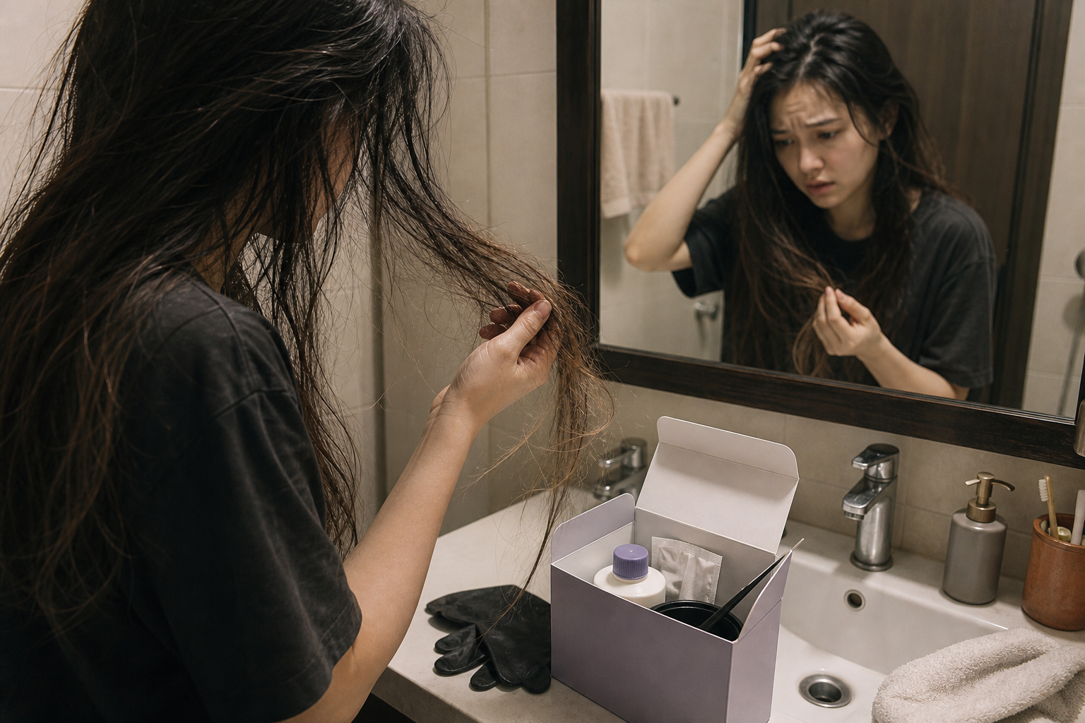 Người phụ nữ đứng trước gương kiểm tra mái tóc dài rối và khô, cạnh hộp dụng cụ chăm sóc tóc trên bồn rửa phòng tắm.