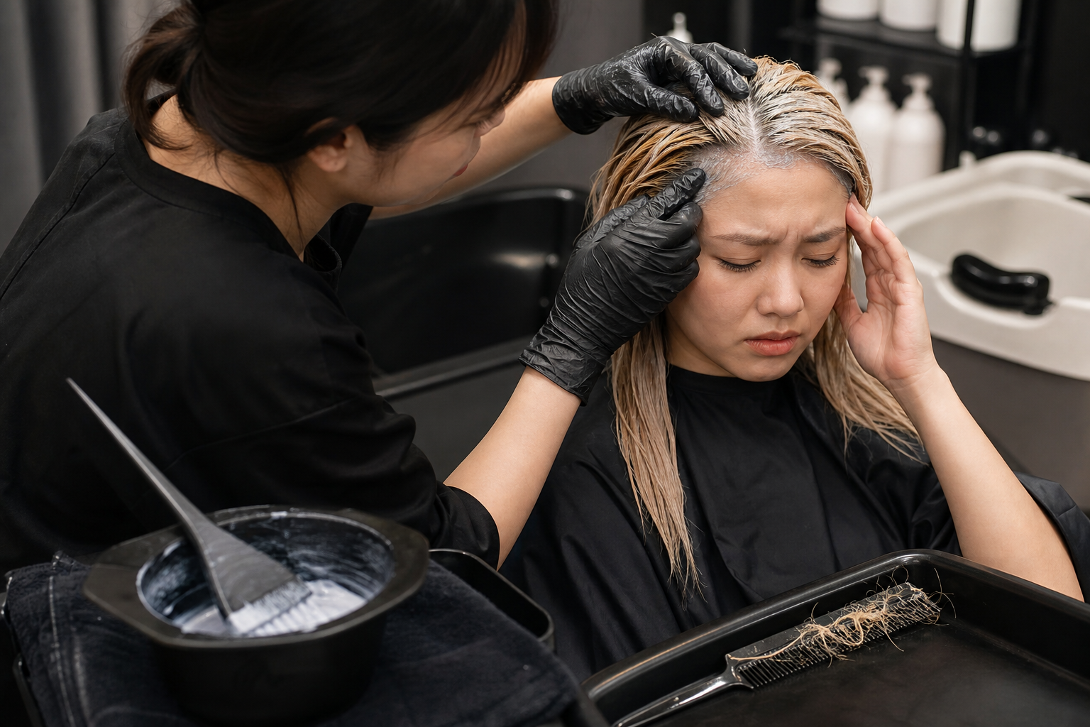 Thợ làm tóc đeo găng đang tẩy tóc cho khách trong salon, khách nhăn mặt và ôm đầu vì khó chịu