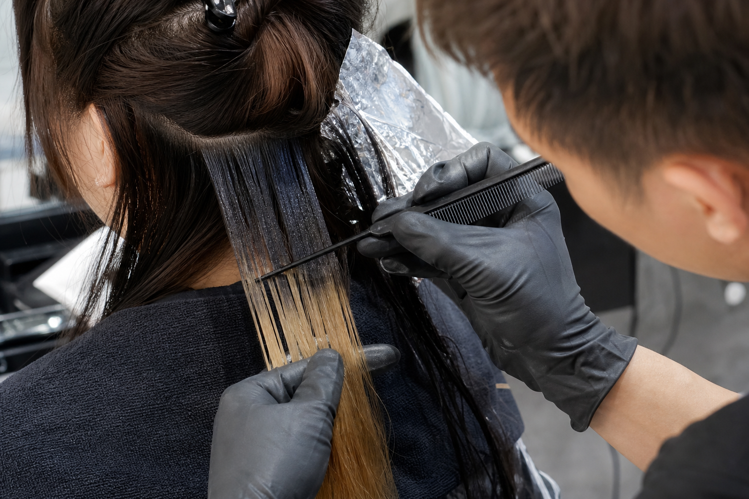 Thợ làm tóc đang tẩy một lọn tóc đã nhuộm bằng lược và giấy bạc trong salon