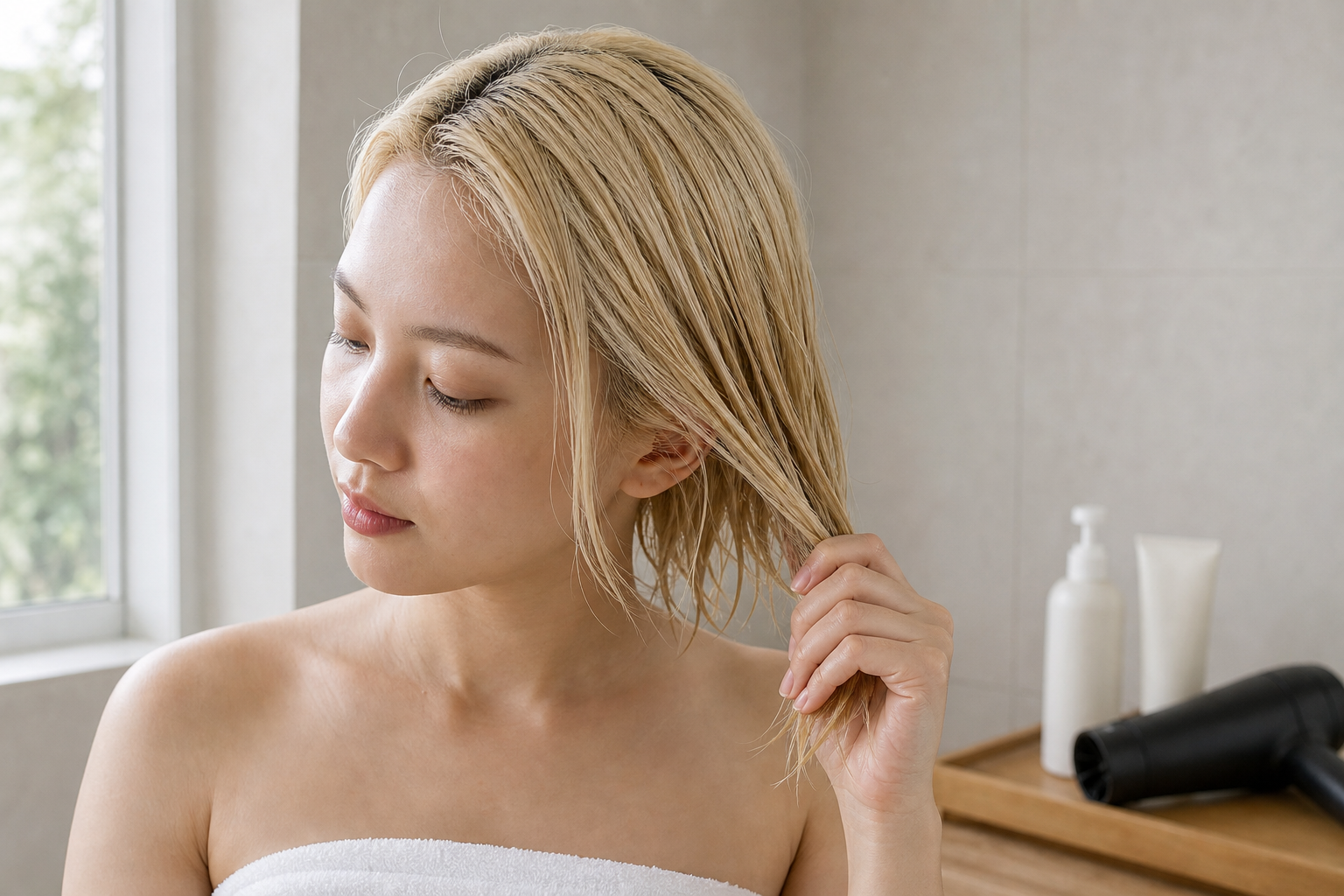 Người phụ nữ tóc vàng ẩm đang cầm lọn tóc sau khi gội trong phòng tắm, bên cạnh có máy sấy và chai chăm sóc tóc.