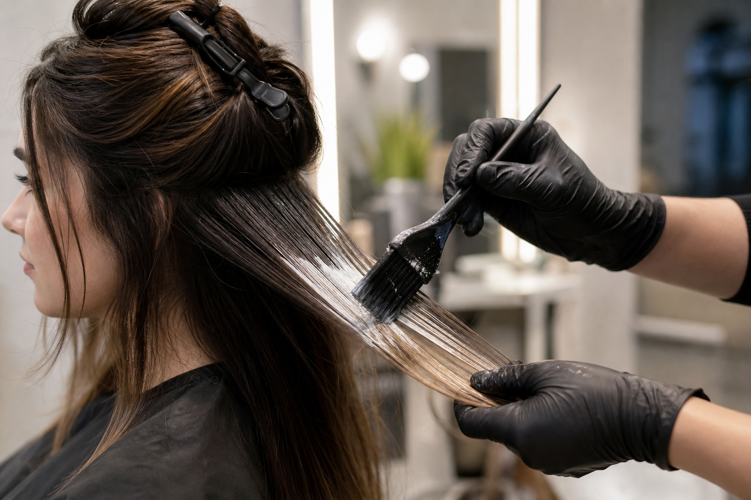 Thợ làm tóc đang quét thuốc lên lọn tóc của khách trong salon, với phần tóc sáng màu ở đuôi và kẹp giữ tóc phía trên