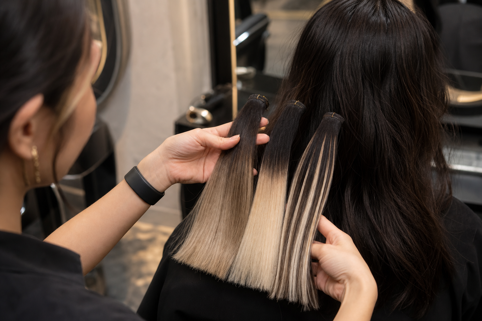 Thợ làm tóc cầm ba lọn tóc nhuộm sáng khác nhau để so sánh trên nền tóc đen trong salon