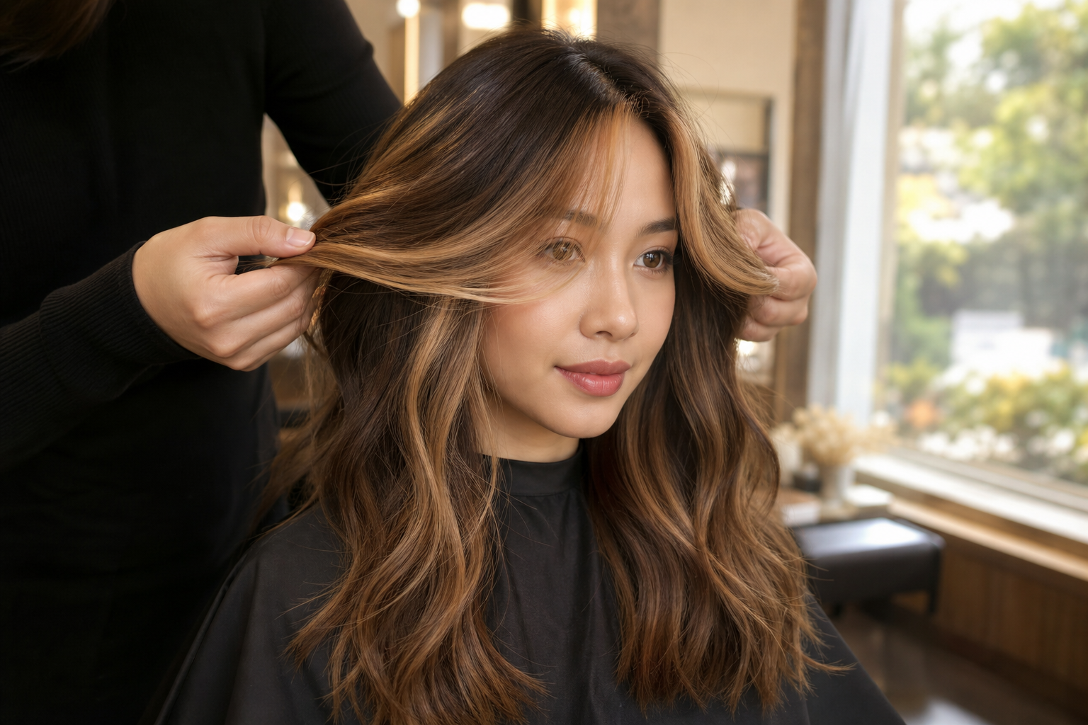 Một phụ nữ ngồi trong salon tóc với mái tóc nâu gợn sóng, đang được chỉnh phần tóc sáng màu ở hai bên mặt.