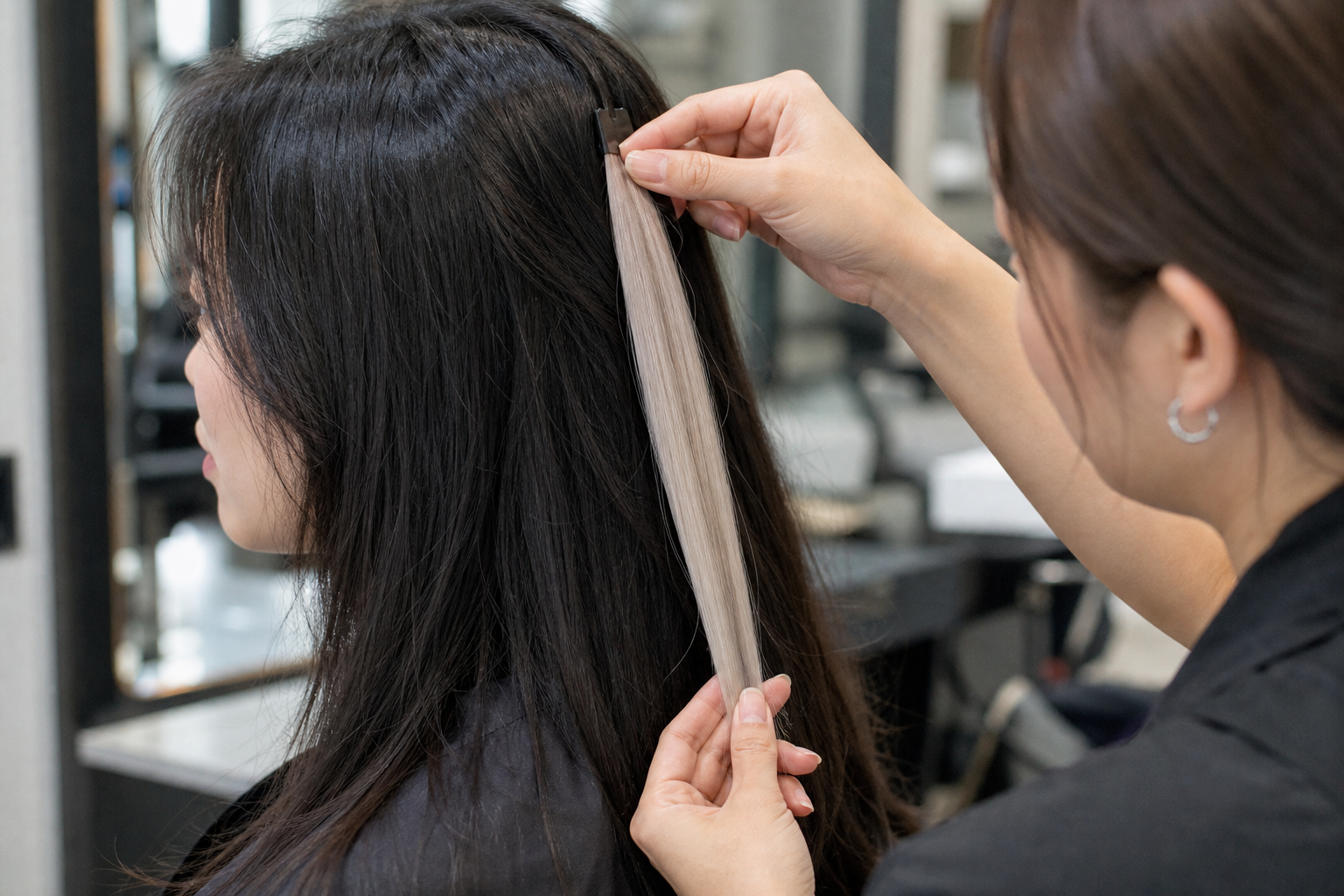 Thợ tóc đang kẹp một lọn tóc sáng màu trên nền tóc đen của khách trong salon