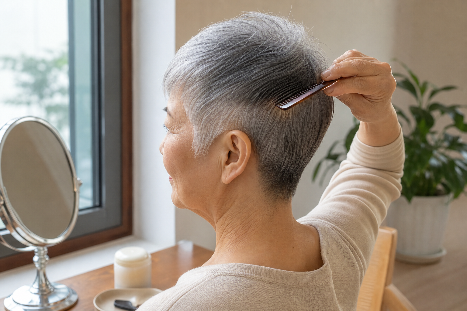 Người lớn tuổi tóc bạc ngắn đang chải tóc trước gương trong phòng sáng, kiểu tóc theo đối tượng