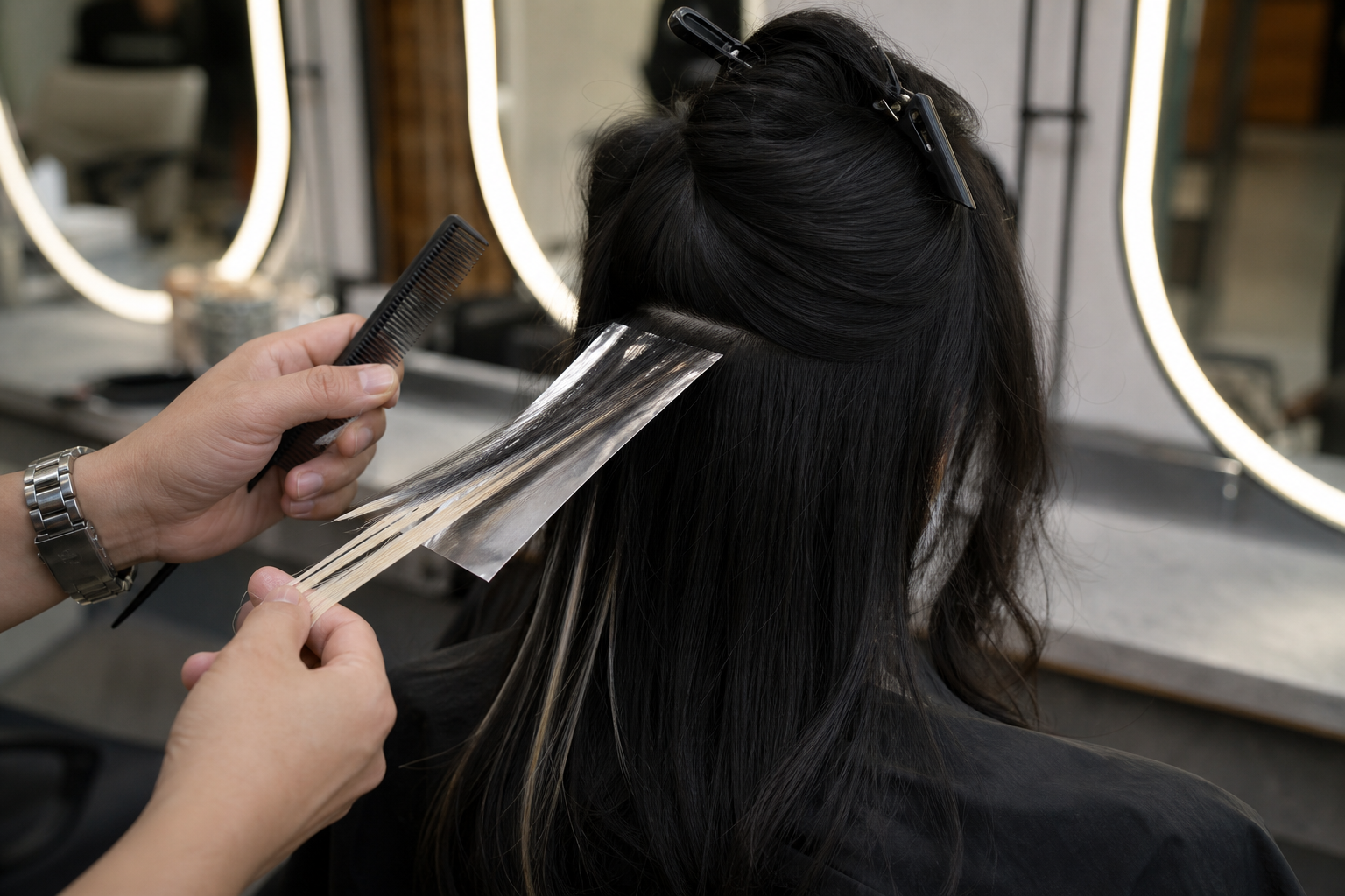 Thợ làm tóc đang tách một lọn tóc đen để nhuộm tóc highlight bằng giấy bạc trong salon
