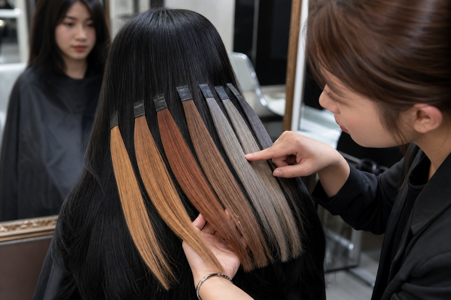 Người thợ đang so sánh nhiều dải tóc highlight màu khác nhau trên nền tóc đen của khách trong salon