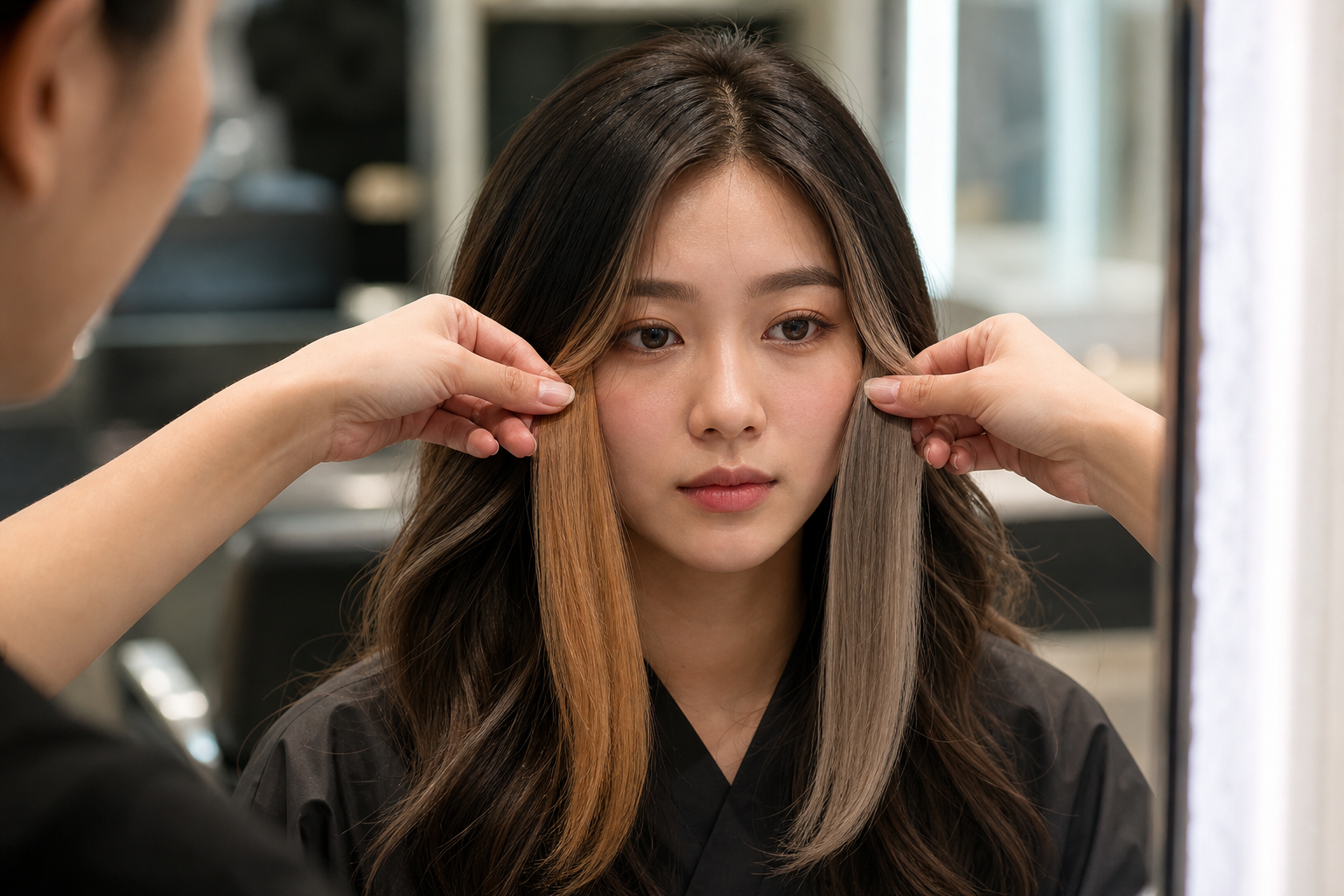 Người thợ đang kéo hai lọn tóc highlight màu sáng trên mái tóc đen của một cô gái trong salon